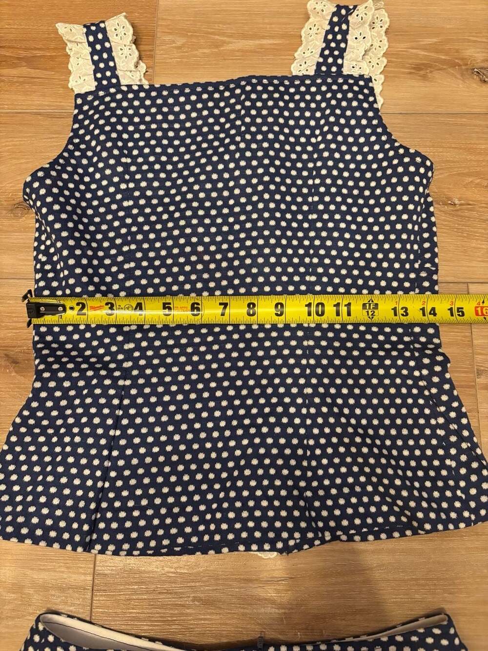 70s Betty Lou of California Vintage Navy White Polka Dot Eyelet Trim Set no size - Picture 11 of 12